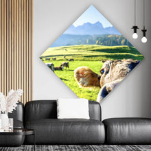 Lade das Bild in den Galerie-Viewer, Spannrahmenbild Neugierige Kuh auf grüner Wiese vor Berglandschaft Raute