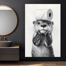 Lade das Bild in den Galerie-Viewer, Leinwandbild Niedlicher Otter balanciert Toilettenpapier auf dem Kopf Hochformat