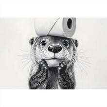Lade das Bild in den Galerie-Viewer, Aluminiumbild gebürstet Niedlicher Otter balanciert Toilettenpapier auf dem Kopf Querformat
