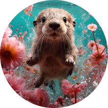 Lade das Bild in den Galerie-Viewer, Aluminiumbild gebürstet Niedlicher Otter unter Wasser mit Blumen Kreis