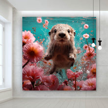 Lade das Bild in den Galerie-Viewer, Aluminiumbild Niedlicher Otter unter Wasser mit Blumen Quadrat
