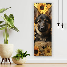 Lade das Bild in den Galerie-Viewer, Spannrahmenbild Niedlicher Schäferhund umgeben von gelben Blumen Panorama Hoch