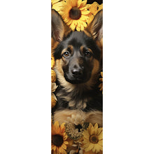 Lade das Bild in den Galerie-Viewer, Spannrahmenbild Niedlicher Schäferhund umgeben von gelben Blumen Panorama Hoch