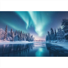 Lade das Bild in den Galerie-Viewer, Poster Nordlicht über verschneiter Winterlandschaft Querformat