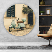 Lade das Bild in den Galerie-Viewer, Aluminiumbild gebürstet Nostalgischer Roller vor mediterranem Gebäude Kreis