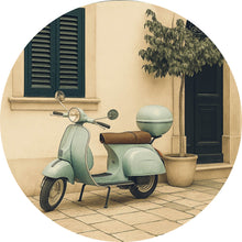 Lade das Bild in den Galerie-Viewer, Aluminiumbild gebürstet Nostalgischer Roller vor mediterranem Gebäude Kreis