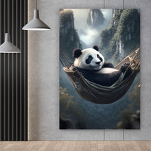 Lade das Bild in den Galerie-Viewer, Aluminiumbild gebürstet Panda mit Hängematte in mystischer Umgebung Hochformat