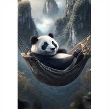 Lade das Bild in den Galerie-Viewer, Aluminiumbild gebürstet Panda mit Hängematte in mystischer Umgebung Hochformat