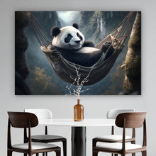 Lade das Bild in den Galerie-Viewer, Leinwandbild Panda mit Hängematte in mystischer Umgebung Querformat