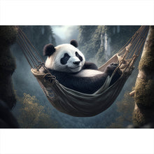Lade das Bild in den Galerie-Viewer, Leinwandbild Panda mit Hängematte in mystischer Umgebung Querformat
