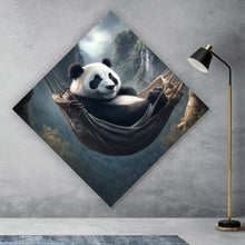 Lade das Bild in den Galerie-Viewer, Aluminiumbild gebürstet Panda mit Hängematte in mystischer Umgebung Raute