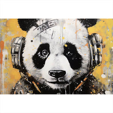 Lade das Bild in den Galerie-Viewer, Aluminiumbild gebürstet Panda musikalisch mit Kopfhörern Querformat