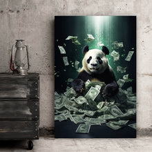 Lade das Bild in den Galerie-Viewer, Aluminiumbild gebürstet Panda schwimmt in Geldscheinen Hochformat