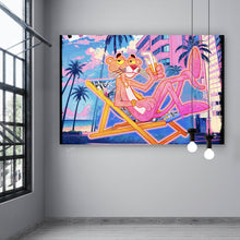 Lade das Bild in den Galerie-Viewer, Aluminiumbild gebürstet Panther in tropischem Strandflair Pop Art Querformat