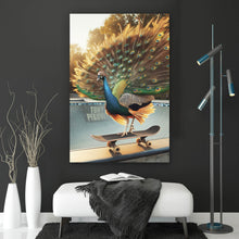 Lade das Bild in den Galerie-Viewer, Spannrahmenbild Pfau auf Skateboard mit prächtigen Federn Hochformat