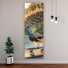 Lade das Bild in den Galerie-Viewer, Aluminiumbild Pfau auf Skateboard mit prächtigen Federn Panorama Hoch