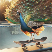Lade das Bild in den Galerie-Viewer, Acrylglasbild Pfau auf Skateboard mit prächtigen Federn Quadrat