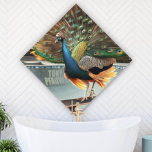 Lade das Bild in den Galerie-Viewer, Acrylglasbild Pfau auf Skateboard mit prächtigen Federn Raute
