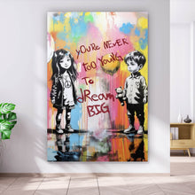 Lade das Bild in den Galerie-Viewer, Aluminiumbild Pop Art Kinder mit Ballons you are never too young Hochformat