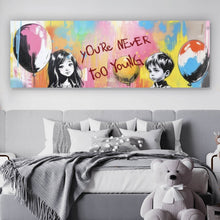 Lade das Bild in den Galerie-Viewer, Aluminiumbild Pop Art Kinder mit Ballons you are never too young Panorama