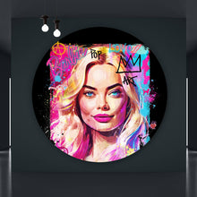 Lade das Bild in den Galerie-Viewer, Aluminiumbild gebürstet Porträt einer blonden Frau mit urbanen Graffiti Elementen Kreis