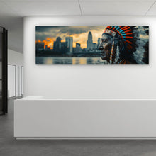 Lade das Bild in den Galerie-Viewer, Aluminiumbild gebürstet Porträt eines Indianers vor moderner Skyline Panorama