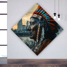 Lade das Bild in den Galerie-Viewer, Aluminiumbild Porträt eines Indianers vor moderner Skyline Raute