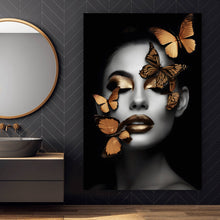Lade das Bild in den Galerie-Viewer, Aluminiumbild gebürstet Portrait einer Frau mit goldenen Schmetterlingen Hochformat