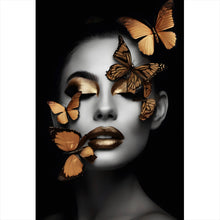 Lade das Bild in den Galerie-Viewer, Aluminiumbild gebürstet Portrait einer Frau mit goldenen Schmetterlingen Hochformat