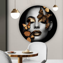 Lade das Bild in den Galerie-Viewer, Aluminiumbild Portrait einer Frau mit goldenen Schmetterlingen Kreis