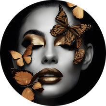Lade das Bild in den Galerie-Viewer, Aluminiumbild gebürstet Portrait einer Frau mit goldenen Schmetterlingen Kreis