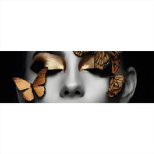 Lade das Bild in den Galerie-Viewer, Acrylglasbild Portrait einer Frau mit goldenen Schmetterlingen Panorama
