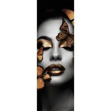 Lade das Bild in den Galerie-Viewer, Leinwandbild Portrait einer Frau mit goldenen Schmetterlingen Panorama Hoch