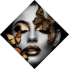 Lade das Bild in den Galerie-Viewer, Acrylglasbild Portrait einer Frau mit goldenen Schmetterlingen Raute