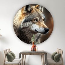 Lade das Bild in den Galerie-Viewer, Aluminiumbild gebürstet Portrait eines ausdrucksstarken Wolfes Kreis
