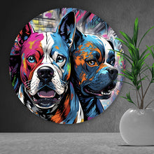 Lade das Bild in den Galerie-Viewer, Aluminiumbild gebürstet Portrait von drei Hunden Pop Art Kreis