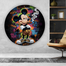 Lade das Bild in den Galerie-Viewer, Aluminiumbild gebürstet Rauchende Maus auf Graffitiwand Kreis