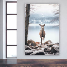 Lade das Bild in den Galerie-Viewer, Spannrahmenbild Rehe am ruhigen Seeufer betrachten Hochformat