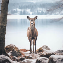 Lade das Bild in den Galerie-Viewer, Spannrahmenbild Rehe am ruhigen Seeufer betrachten Quadrat