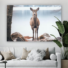 Lade das Bild in den Galerie-Viewer, Aluminiumbild Rehe am ruhigen Seeufer betrachten Querformat