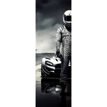 Lade das Bild in den Galerie-Viewer, Leinwandbild Rennfahrer vor Auto auf nasser Rennstrecke Panorama Hoch