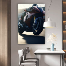 Lade das Bild in den Galerie-Viewer, Leinwandbild Rennmotorrad bei Sonnenuntergang auf Rennstrecke Hochformat