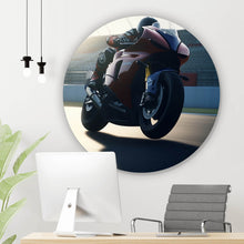 Lade das Bild in den Galerie-Viewer, Aluminiumbild gebürstet Rennmotorrad bei Sonnenuntergang auf Rennstrecke Kreis