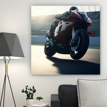 Lade das Bild in den Galerie-Viewer, Leinwandbild Rennmotorrad bei Sonnenuntergang auf Rennstrecke Quadrat