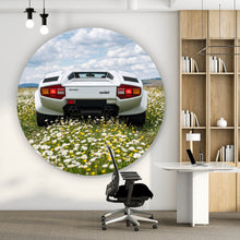 Lade das Bild in den Galerie-Viewer, Aluminiumbild Retro Sportwagen in malerischer Landschaft Kreis