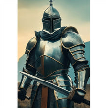 Lade das Bild in den Galerie-Viewer, Aluminiumbild Ritter majestätisch mit zwei Schwertern Hochformat
