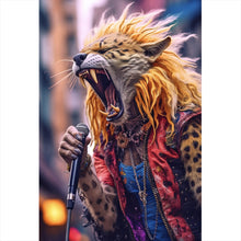 Lade das Bild in den Galerie-Viewer, Acrylglasbild Rockiger Leopard der singt Hochformat