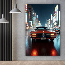 Lade das Bild in den Galerie-Viewer, Leinwandbild Roter Oldtimer fährt durch neonbeleuchtete Stadt Hochformat