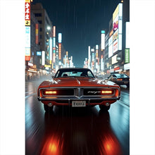 Lade das Bild in den Galerie-Viewer, Poster Roter Oldtimer fährt durch neonbeleuchtete Stadt Hochformat