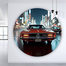 Lade das Bild in den Galerie-Viewer, Aluminiumbild Roter Oldtimer fährt durch neonbeleuchtete Stadt Kreis